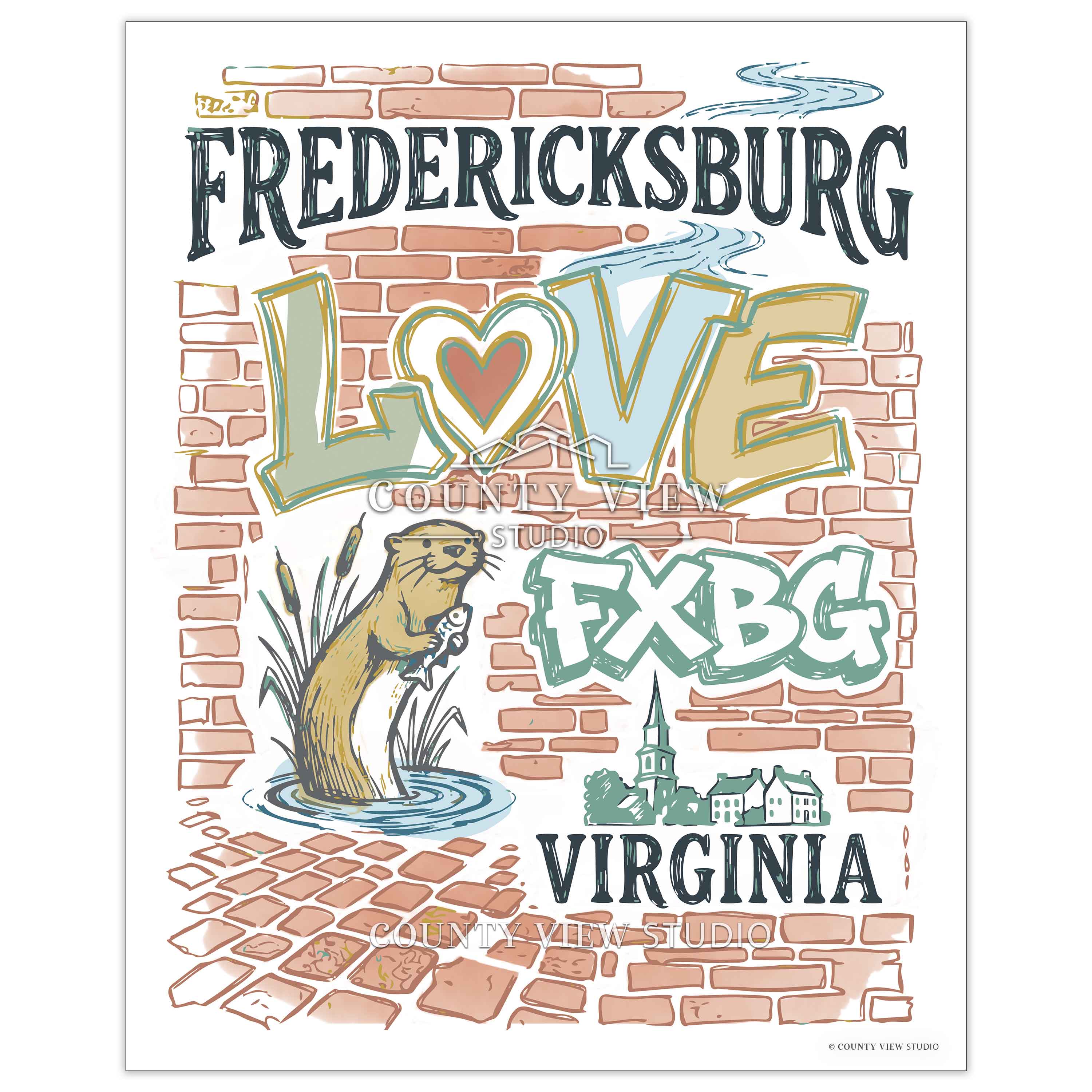 Fredericksburg love river otter historic brick wall art print